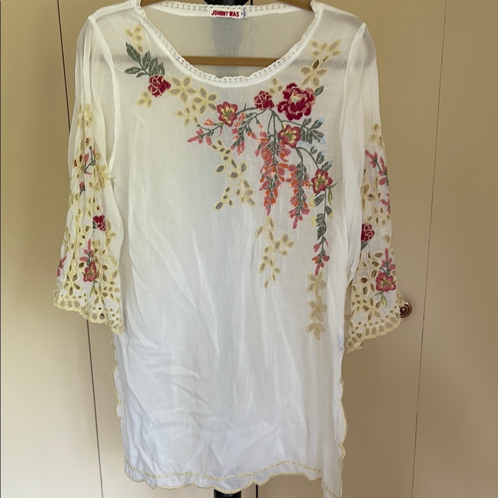 Johnny Was White Blouse with Red and Gold Embroidery